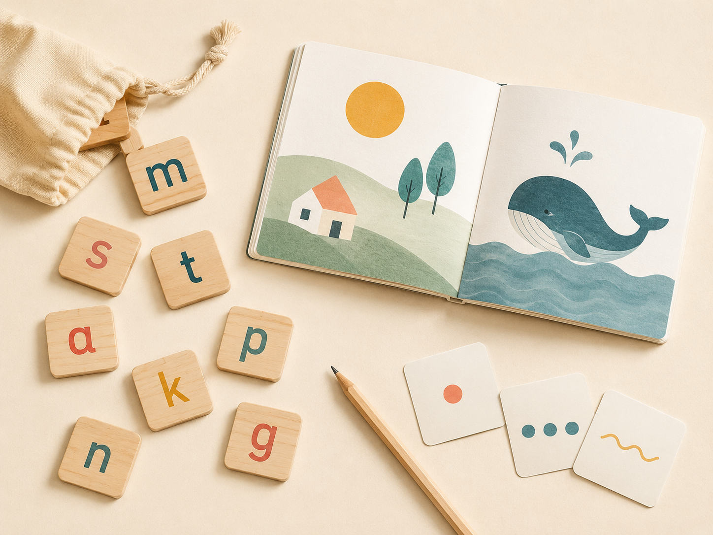 Letter tiles and phonics learning materials
